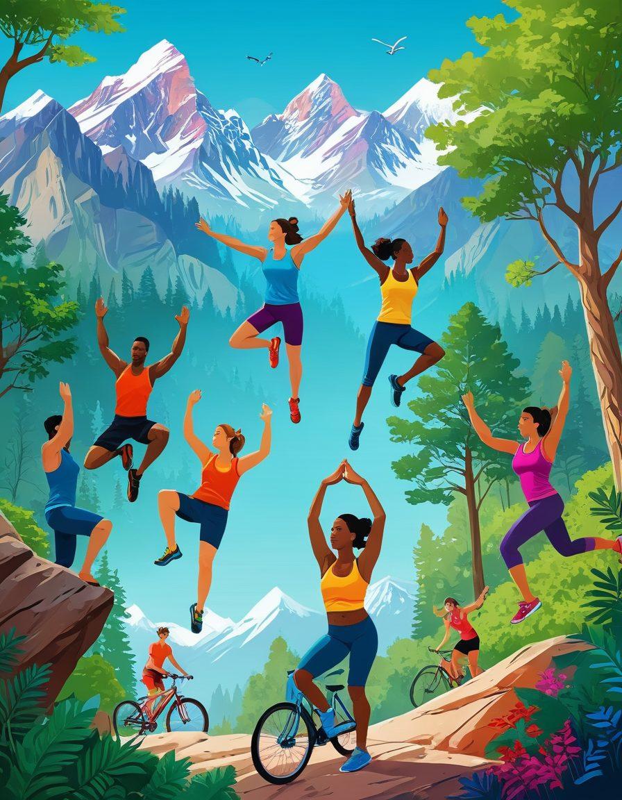A vibrant montage of diverse athletes engaged in various sports like running, cycling, yoga, and rock climbing, with expressions of joy and determination. Surround them with elements of nature, like trees and mountains, to convey a connection with the outdoors. Incorporate bright colors that evoke energy and enthusiasm. Include subtle motivational quotes in the background to inspire viewers. colorful vector art. energetic composition. white background.