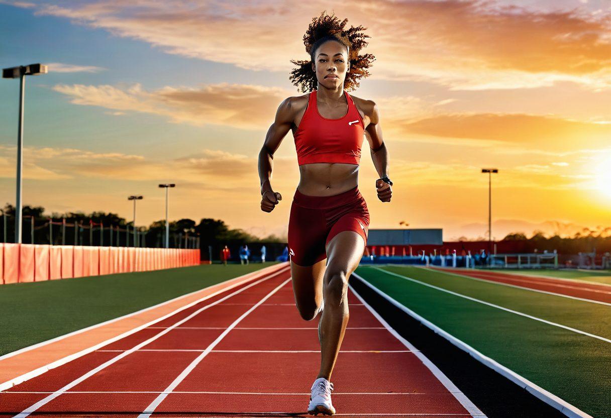 A dynamic athlete in motion, showcasing strength and agility on a vibrant outdoor track, surrounded by motivational quotes and training equipment like weights and resistance bands. The background features a sunrise symbolizing new beginnings and potential. Highlight the key elements of performance such as speed, endurance, and focus. Illustrate the scene with energetic colors to evoke motivation. super-realistic. vibrant colors. outdoors.