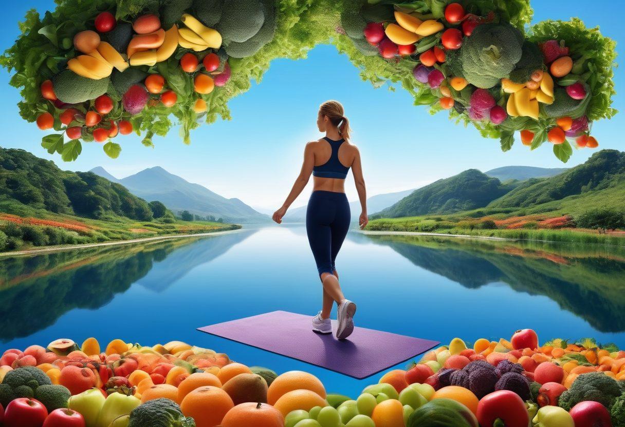A dynamic scene of an athlete in motion, surrounded by fresh fruits and vegetables, symbolizing nourishment. Include a serene background of a peaceful landscape to represent mental well-being, with a clear blue sky and gentle hills. Add subtle icons of meditation and sports equipment interspersed throughout the image, showcasing a balance between physical activity and mental health. vibrant colors. super-realistic.